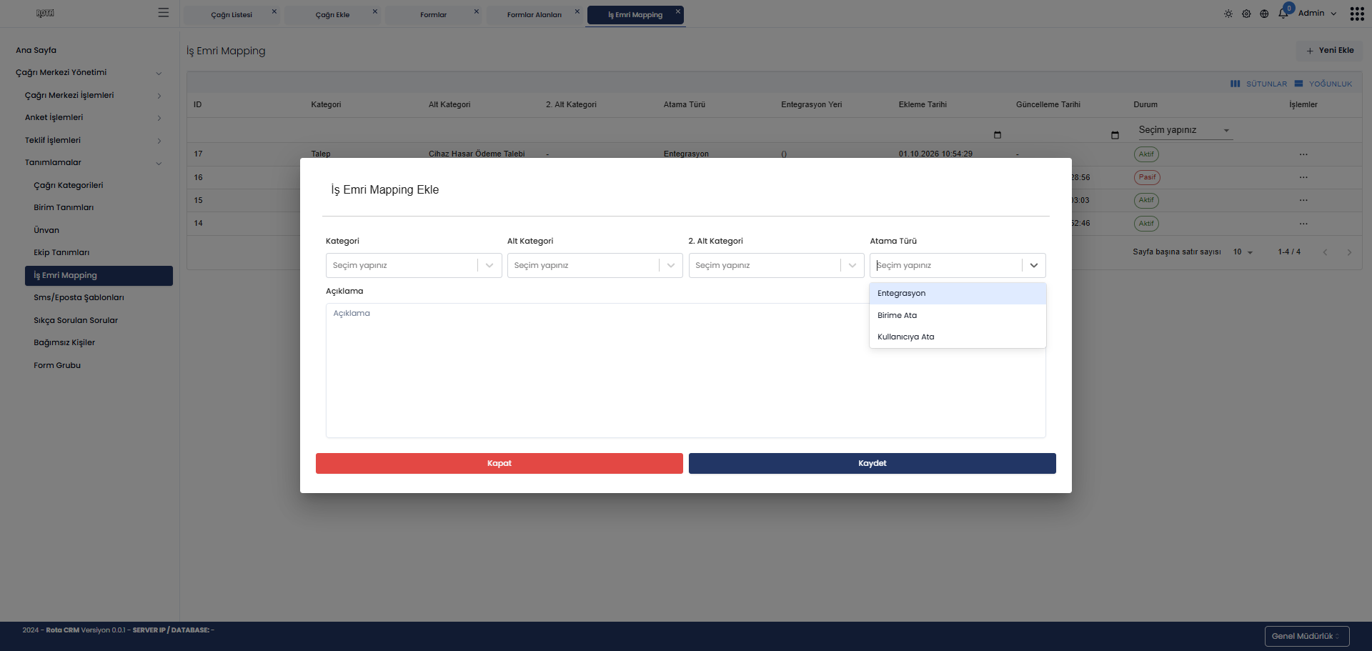 Otomatik İş Emri Rota CRM ekranı