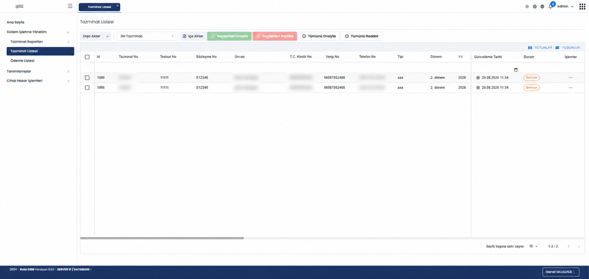 Sistem İşletme Yönetimi Rota CRM ekranı