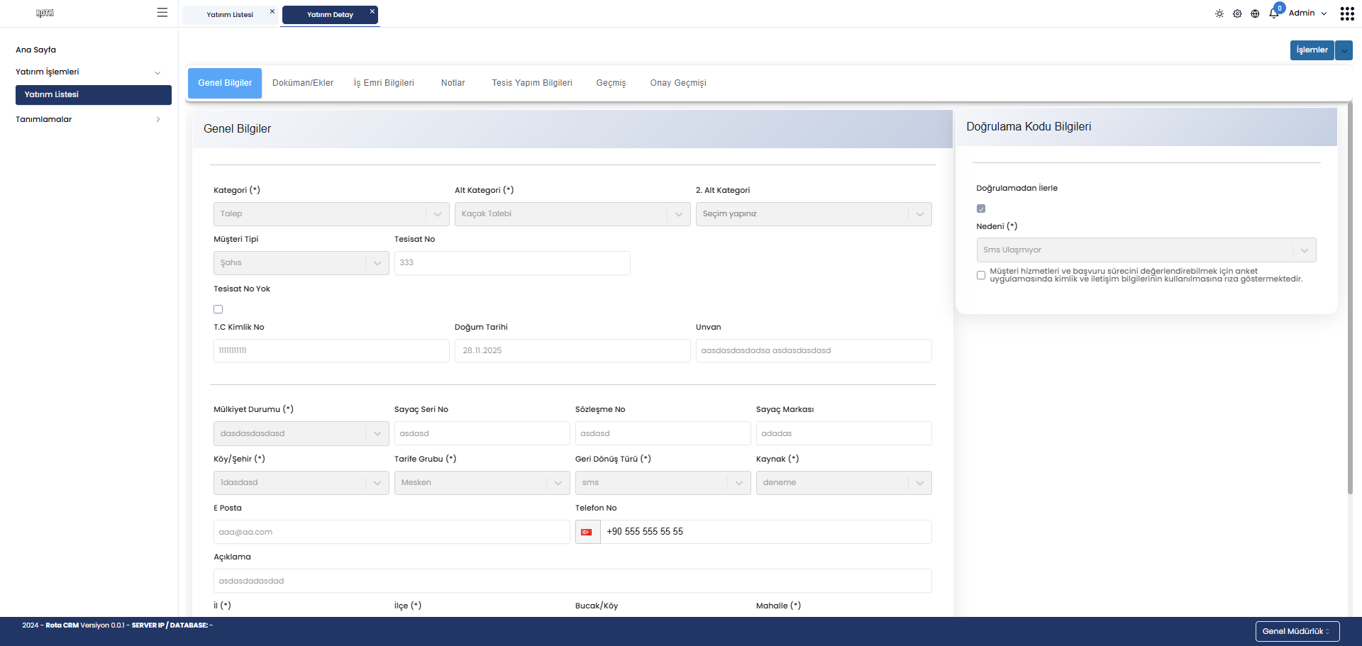 Yatırım Yönetimi Rota CRM ekranı